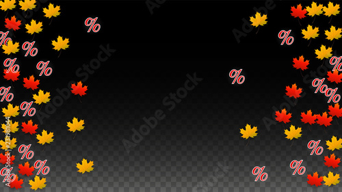 Vector Percentage Sign and Autumn Leaves Confetti on Transparent Background. Percent Sale Background. Business, Economics, Finance Print. Discount Illustration. Promotion poster. Black Friday Banner. 