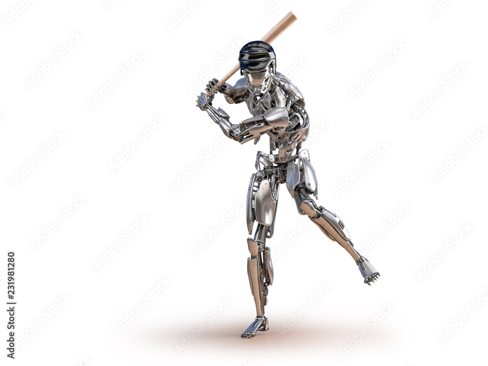 Baseball player robot. Human and cyborg robotic integration concept. Robotic technology 3D illustration Baseball player robot. Human and cyborg robotic integration concept. Robotic technology 3D illustration
