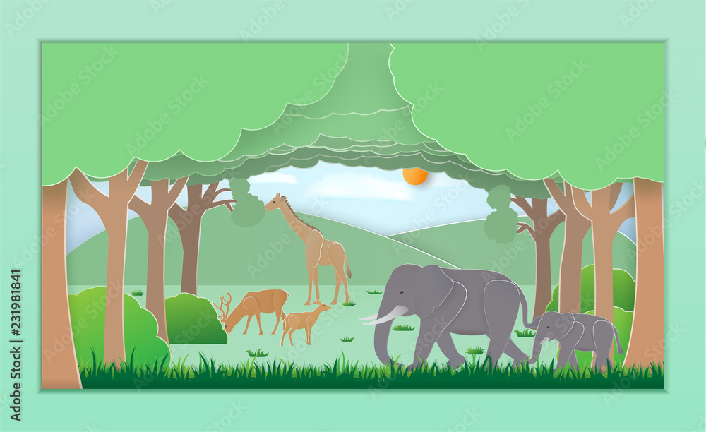 nature and forest and wild animals  the animals in the frame that  contains the entire deer. The elephant and the giraffe, and feel the  natural beauty and a papercut illustrations Stock