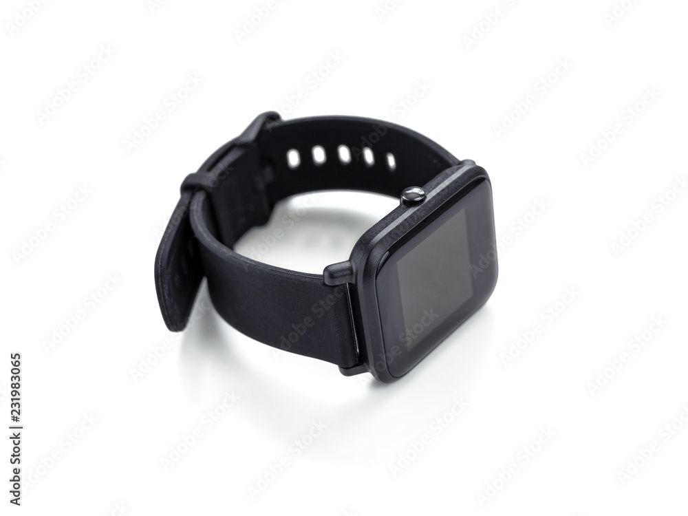 Fototapeta premium Smart watch with black plastic case and soft rubberized strap isolated on white background
