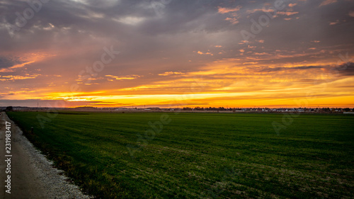 Sunset over a field and a village