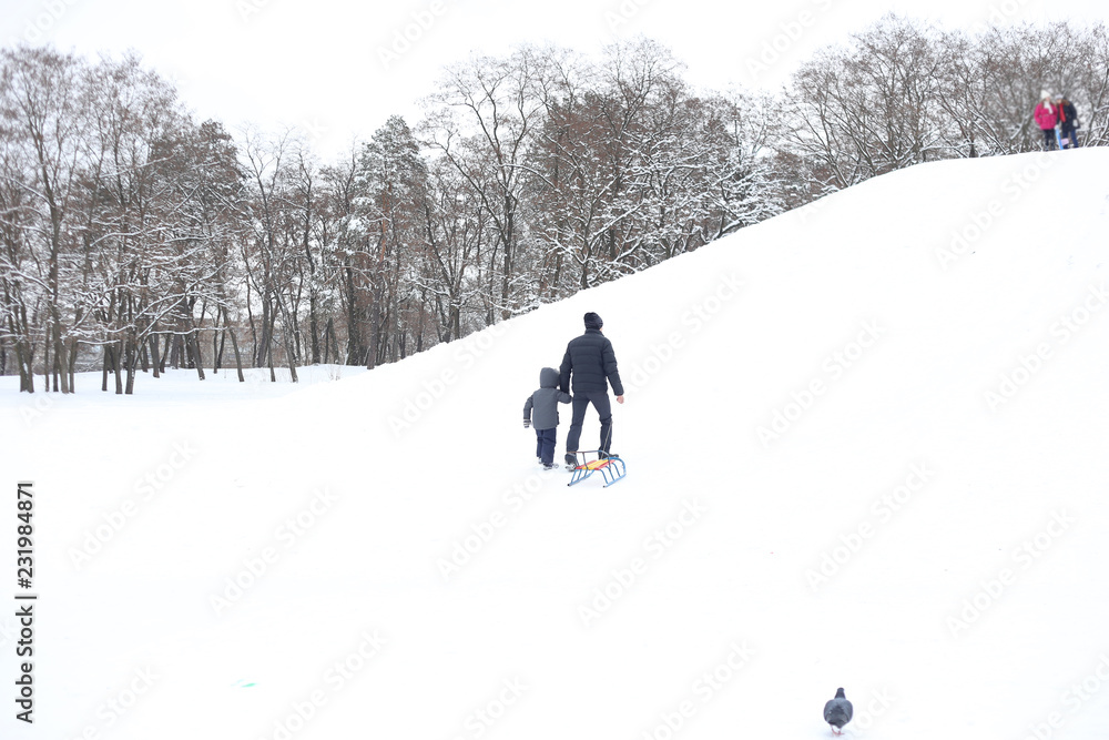 father and son sledding hill winter snow