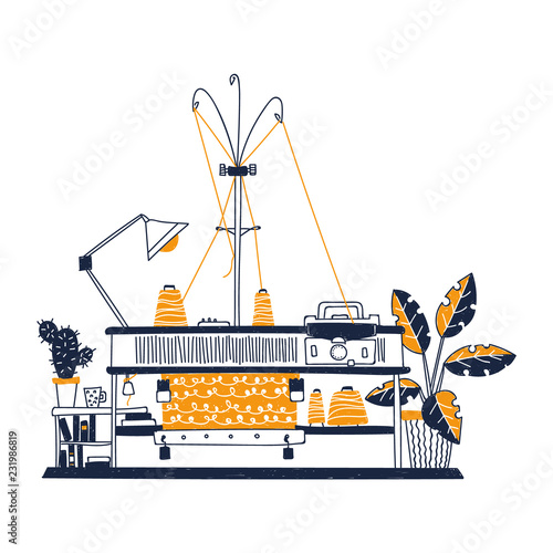 The workplace with knitting machine at home. There is knitting machine, knitted fabric, bobbins, thread, lamp, shelf