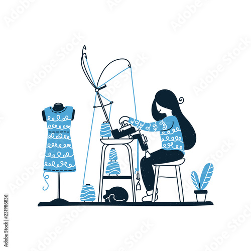 Knitter is using knitting machine. Woman creates knitted fabric at home. Girl performs an order for a knitted dress