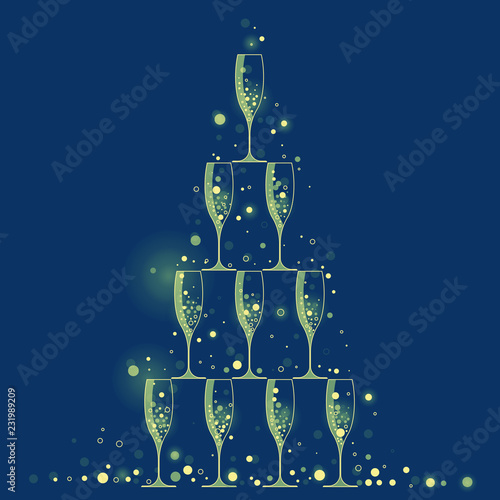 golden champagne glasses put one on another in form of Christmas tree on dark blue background - flat vector illustration