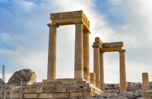 Columns of the ancient Lindos against the evening sky, Rhodes Greece
