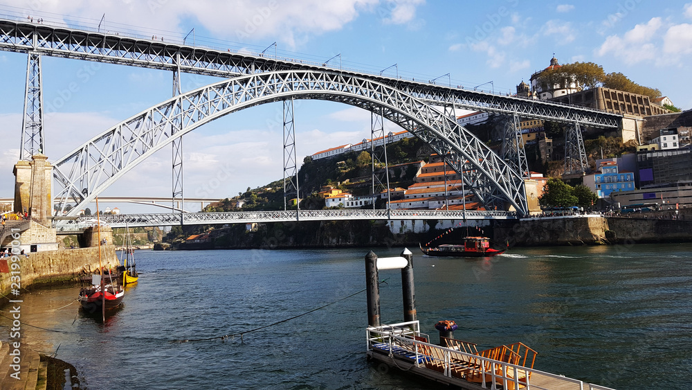 View of the Dom Luis I Bridge and Douro river from La Ribeira in Porto, Portugal