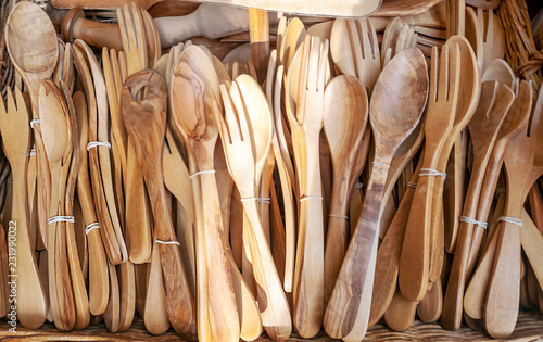 Wooden spoons in a market