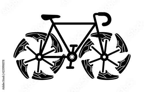 Running shoes on bike wheel. Simple ride icon.