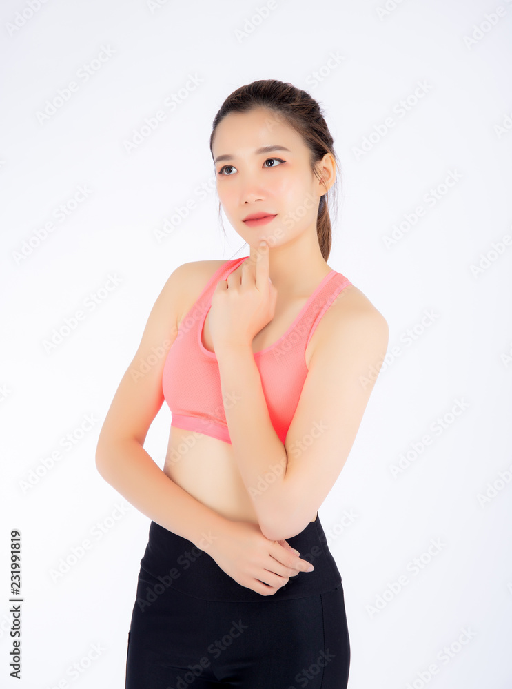 Beautiful portrait young asian woman in sport clothing with satisfied and confident isolated on white background, girl asia have shape and wellness, exercise for fit with health concept. Beautiful portrait young asian woman in sport clothing with satisfied and confident isolated on white background, girl asia have shape and wellness, exercise for fit with health concept.