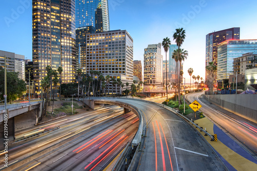 Downtown Los Angeles at sunset with car traffic light trails © chones