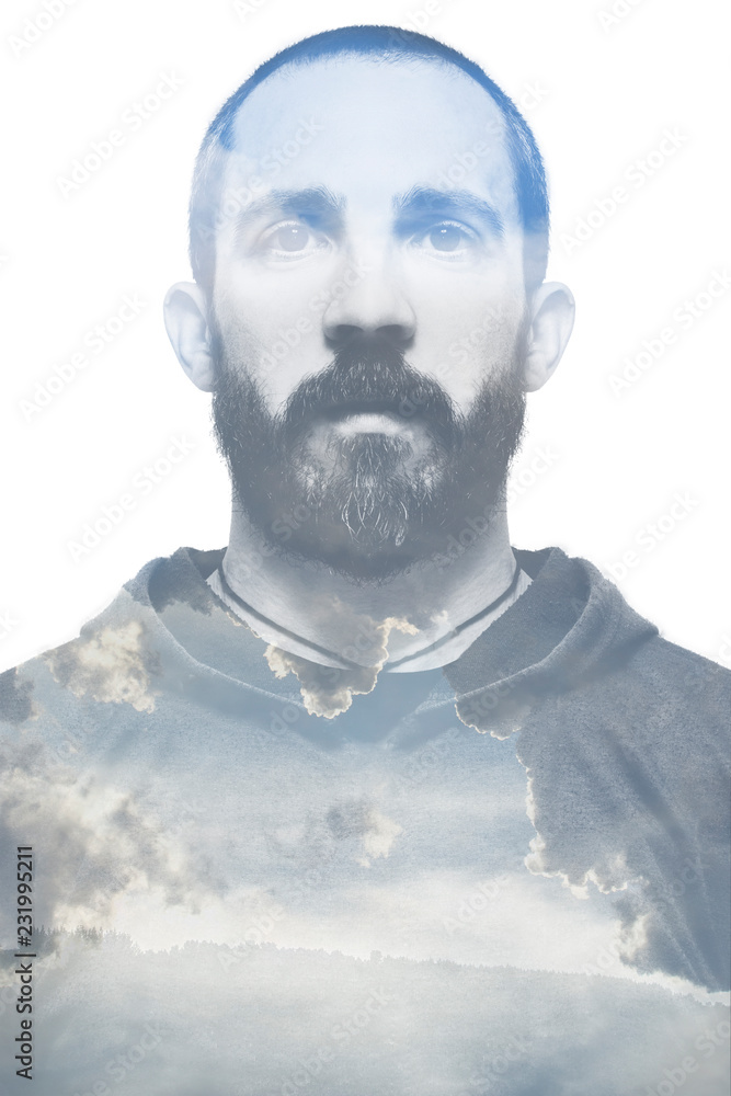Double exposure portrait of young bearded man and coulds.. Double exposure portrait of young bearded man and coulds..