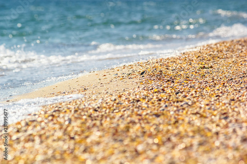 Surf on the sea sandy shore with shells in the rays of the summer hot sun