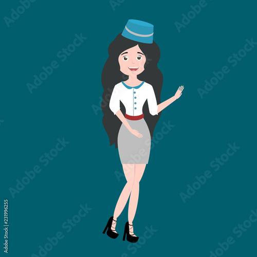 beautiful brunette girl on the flight attendant in flight attend