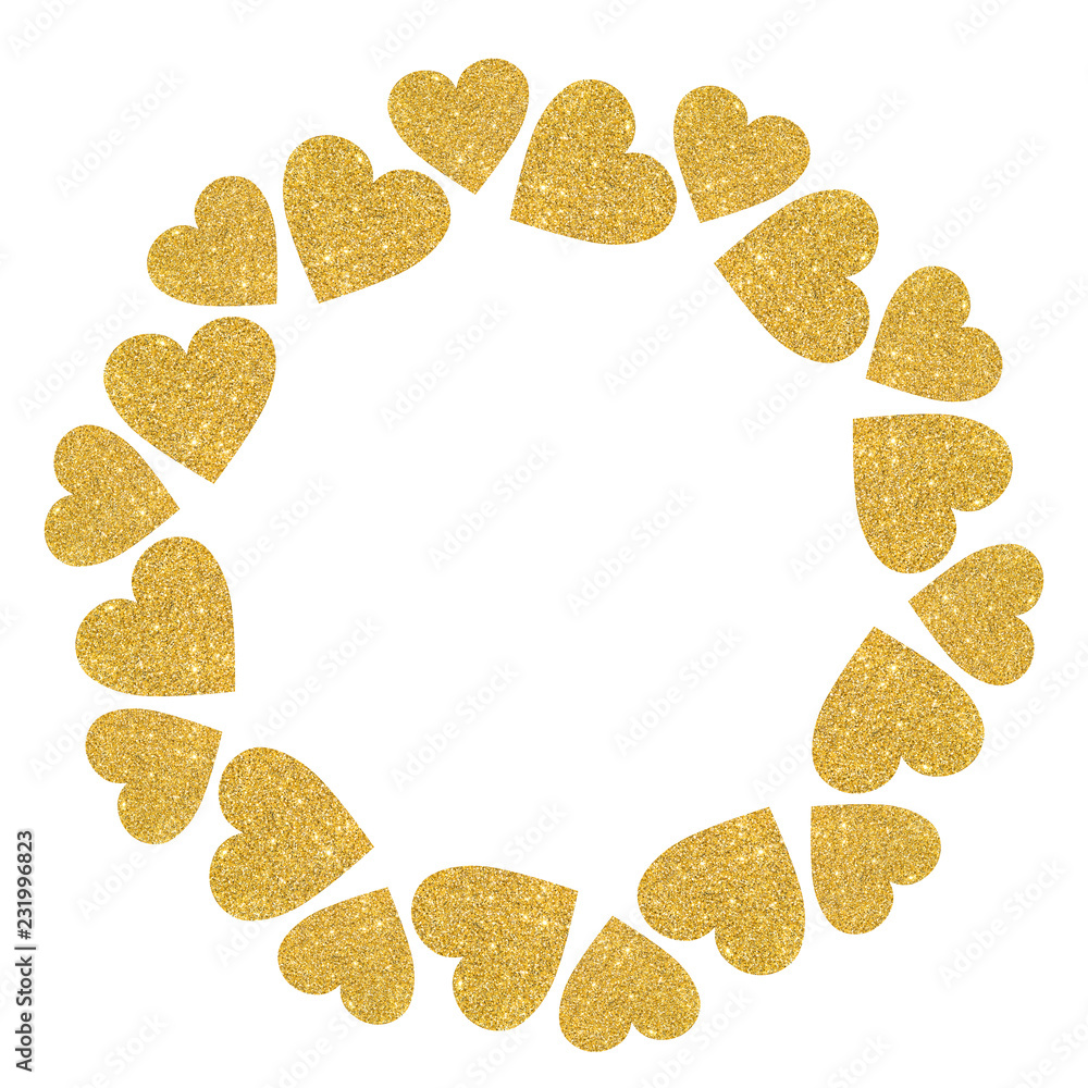 Round frame of golden shiny hearts on a white background Round frame of golden shiny hearts on a white background