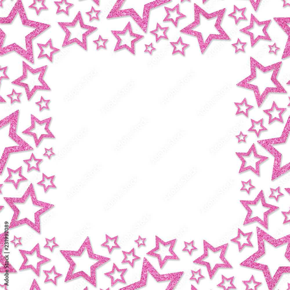 Frame of shiny pink metal stars isolated on white background