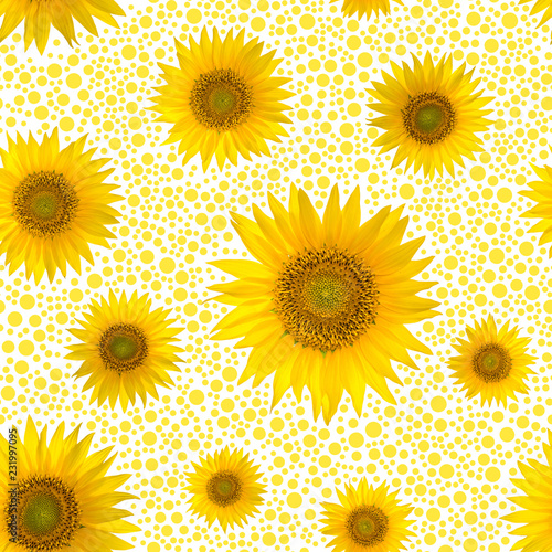 Seamless pattern with big bright sunflowers and dots on yellow background.