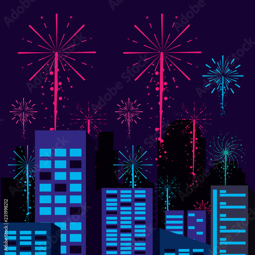 scene cityscape with fireworks