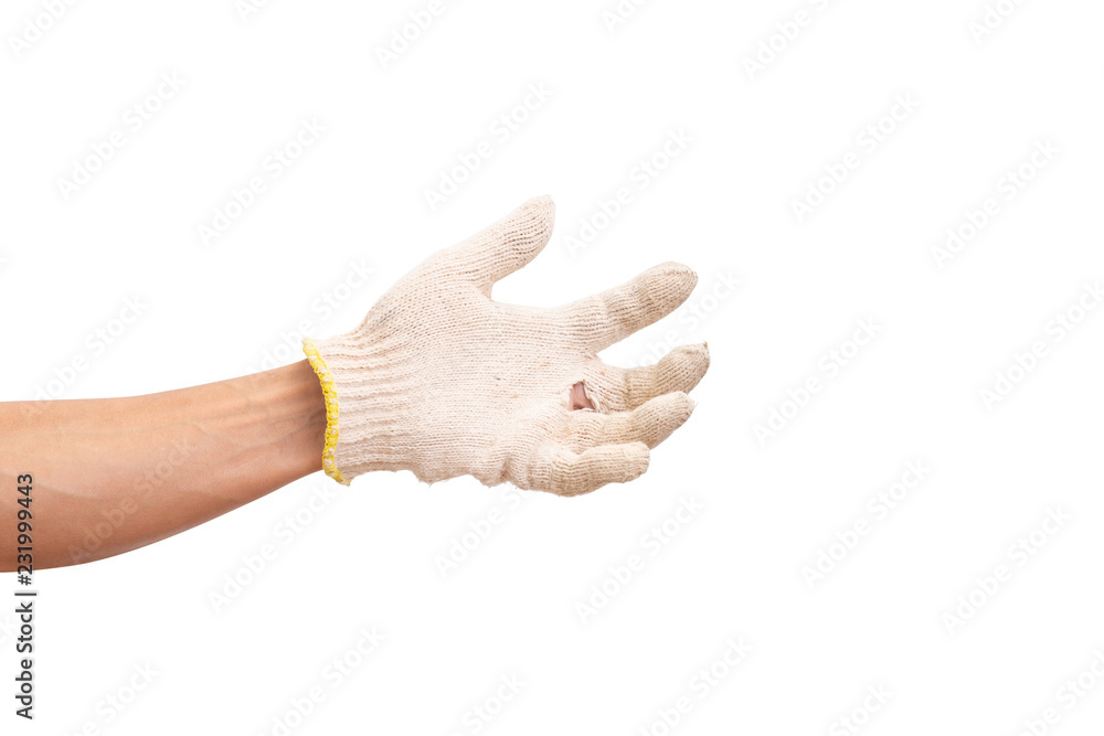 Man hand with cotton glove. isolated on white background Man hand with cotton glove. isolated on white background