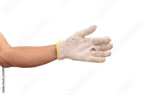 Man hand with cotton glove. isolated on white background