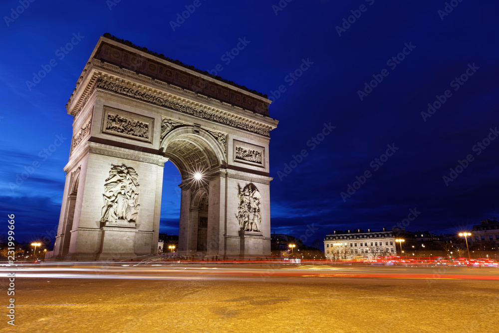 Arc de Triomphe, Paris, France - March 11, 2018: Arc de Triomphe in Paris at blue hours