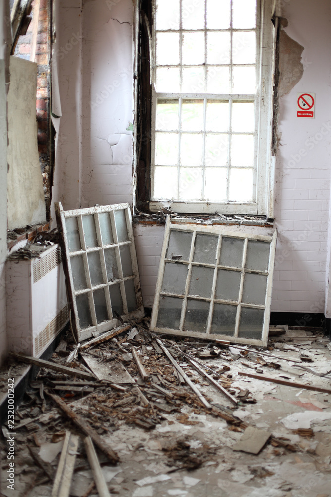 old tiled bathroom with broken windows old tiled bathroom with broken windows