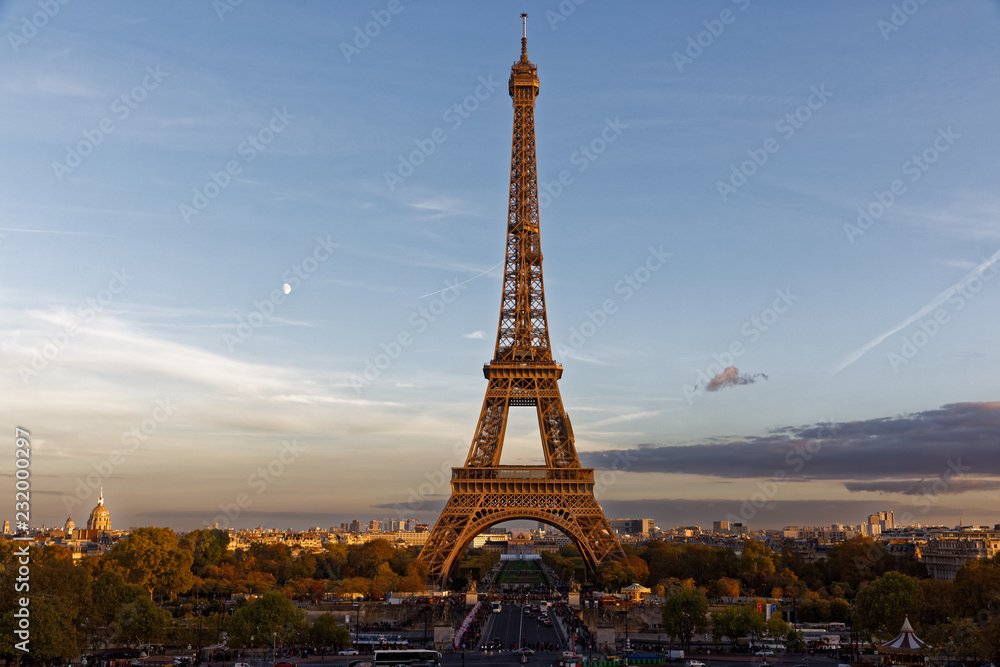 Paris, France - October 30, 2017: Eiffel tower at sunset viewed from Trocadero district