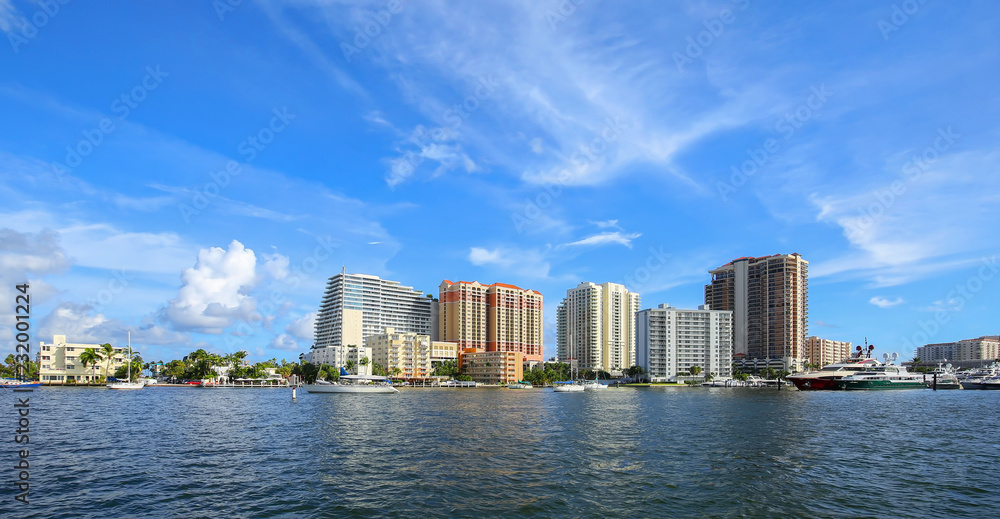 Blue skies over Fort Lauderdale skyline, steps away from Fort Lauderdale Beach. Blue skies over Fort Lauderdale skyline, steps away from Fort Lauderdale Beach.