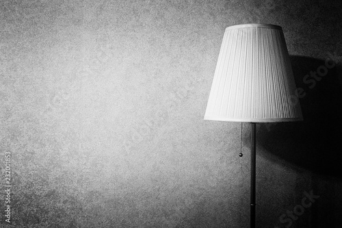 Black and white foto of an floor lamp on the background of a concrete wall