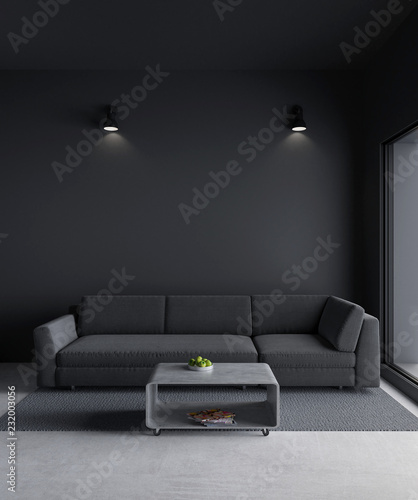 3D rendering minimal style living room with raw concrete floor ,black wall,big window