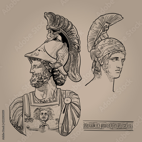 Ares. The Greek God of War. Digital Sketch Hand Drawing Vector.