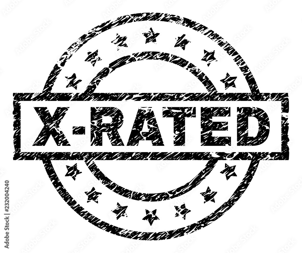 X-RATED stamp seal watermark with distress style. Designed with rectangle,  circles and stars. Black vector rubber print of X-RATED label with dirty  texture. Stock Vector
