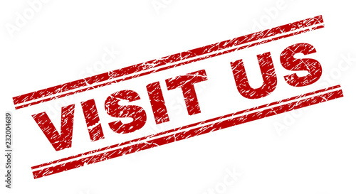 VISIT US seal print with corroded effect. Red vector rubber print of VISIT US text with corroded texture. Text label is placed between double parallel lines.