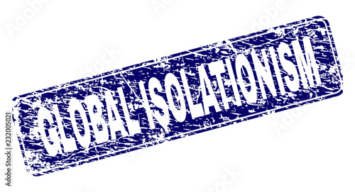 GLOBAL ISOLATIONISM stamp seal imprint with grunge style. Seal shape is a rounded rectangle with frame. Blue vector rubber print of GLOBAL ISOLATIONISM label with grunge style.