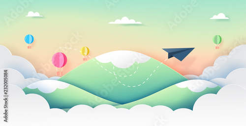 Paper airplane and hot air balloons flying on mountains,clouds and beautiful sky paper art style.Vector illustration.