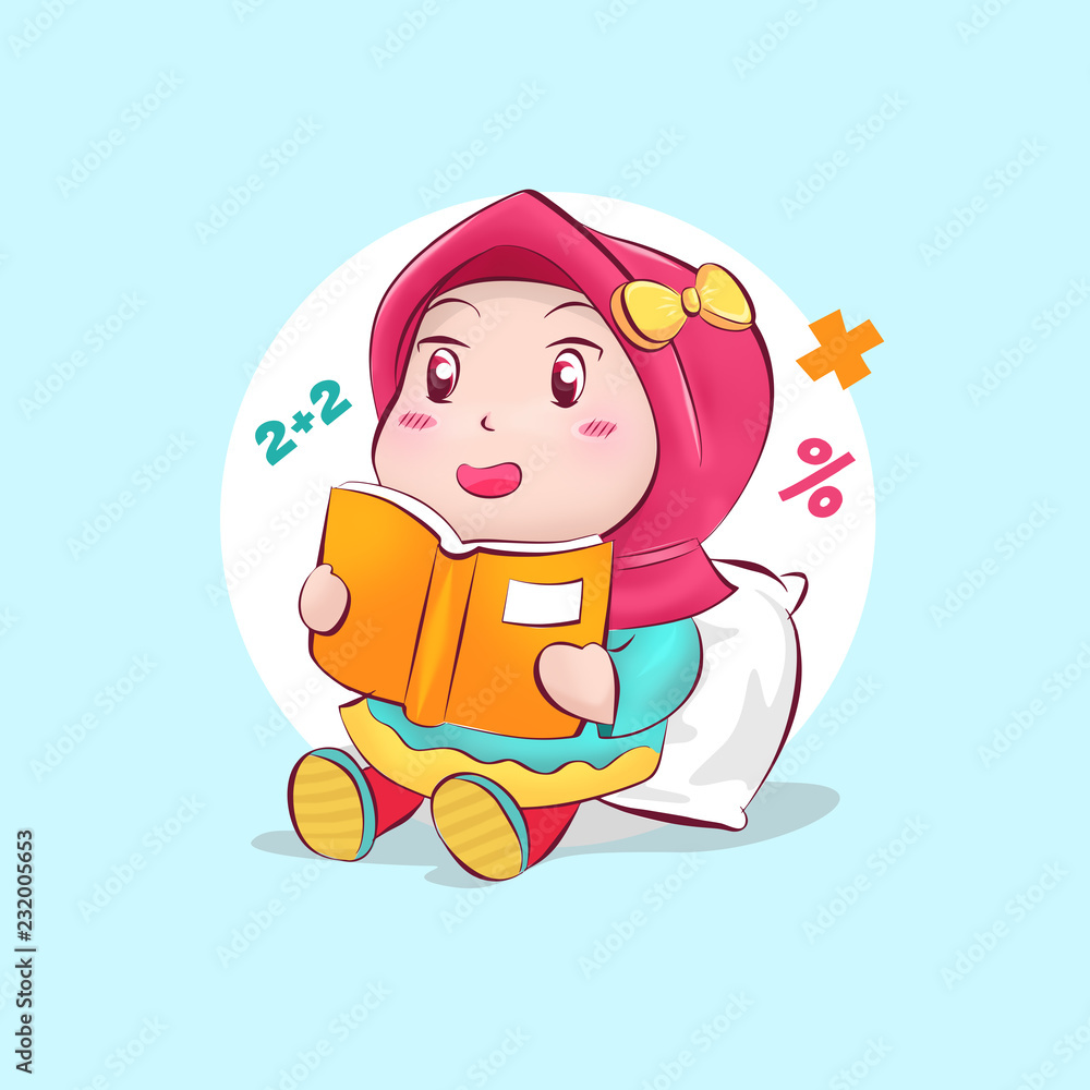 Cute Chibi Muslim Girl in Hijab Reading and Learning Books Stock Photo |  Adobe Stock