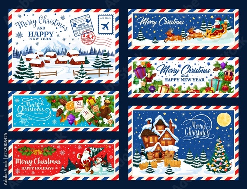 Christmas tree, gifts and Santa. Xmas postcard