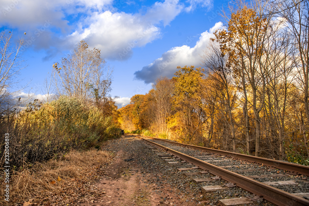 Colorful autumn landscape Beautiful autumn forest train tracks blue sky