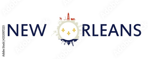 Sea shipping and travel relative silhouettes around the circle. New Orleans city flag.