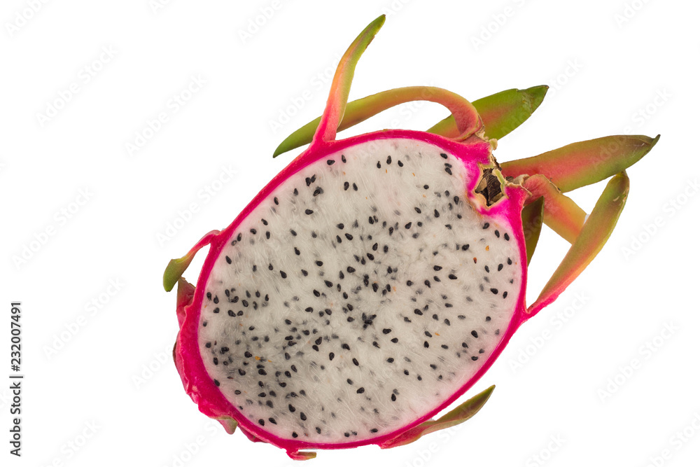 Half of white Dragon fruit isolated on white background. Half of white Dragon fruit isolated on white background.