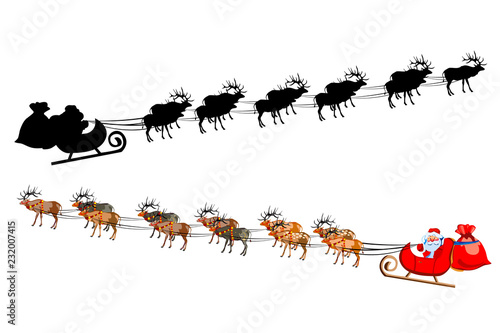 Santa Claus on a sleigh with reindeer, with a handful of gifts. Silhouette of santa claus.