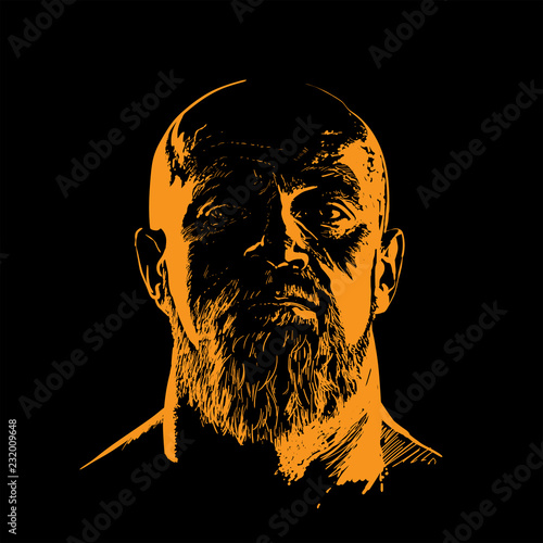 Man with hat and gun portrait silhouette in backlight. Contour. Vector. Illustration.