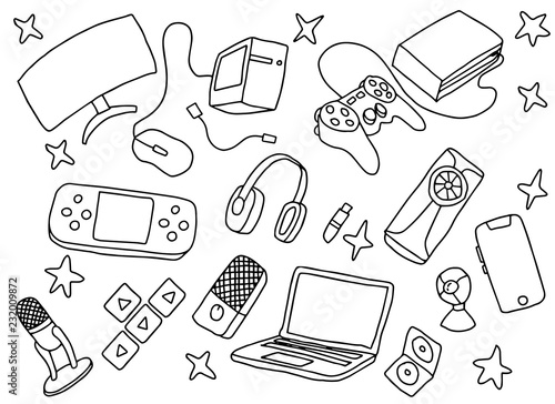 doodle games game art with gaming tools hardware and black and white color