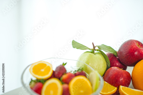 The fruits of health lover Healthy fruit And health care to eat healthy food. To the skin. The fruit is placed in a beautiful table, apple apricot, banana, orange, dragon, placed in the corner 