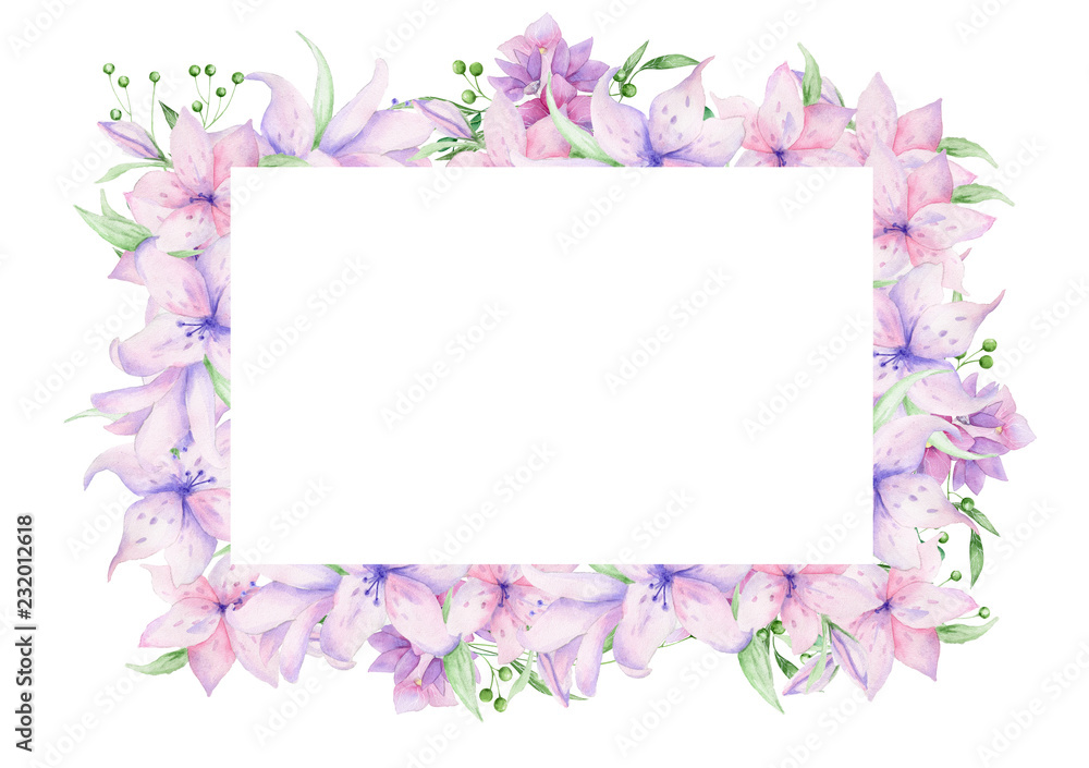 Floral frame with pink roses and decorative leaves. Watercolor Invitation design horizontal. Background to save the date.Greeting cards with pink flowers.