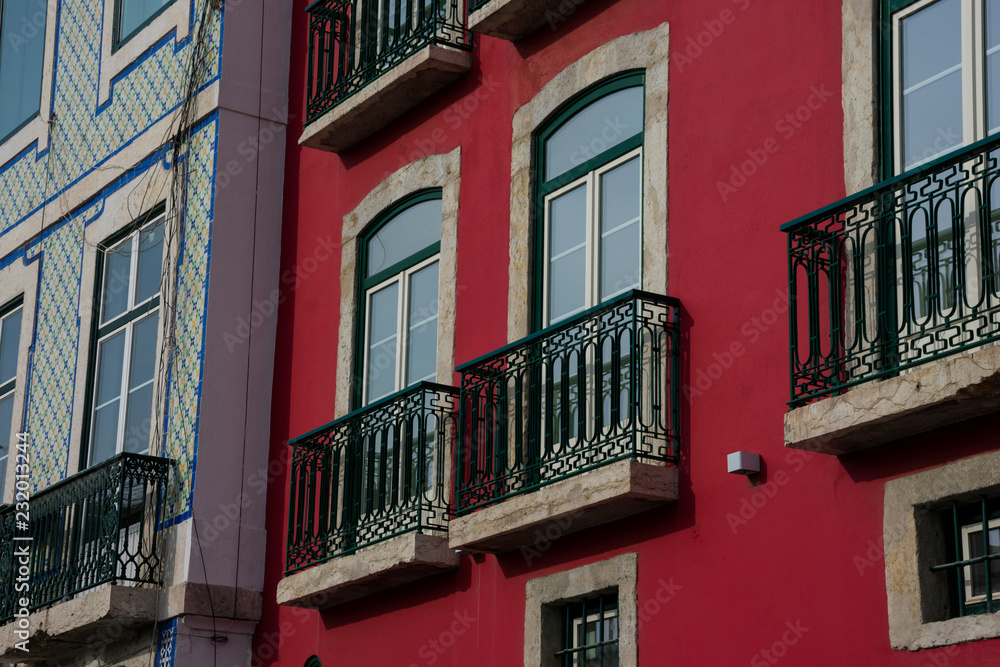 Old Building facade with traditional balconies in Lisbon, Portugal