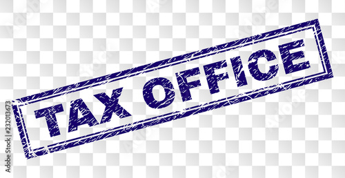 TAX OFFICE stamp seal print with distress style and double framed rectangle shape. Stamp is placed on a transparent background. Blue vector rubber print of TAX OFFICE tag with dirty texture.