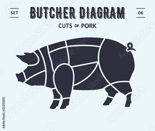 Cut of meat set. Poster Butcher diagram and scheme - Pork. Vintage typographic. Diagrams for butcher shop, design for restaurant or cafe. Vector Illustration