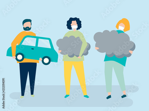 Character of people holding air pollution symbols illustration