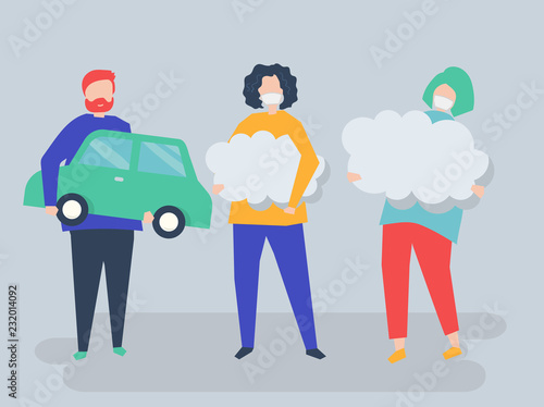 Character of people holding air pollution symbols illustration